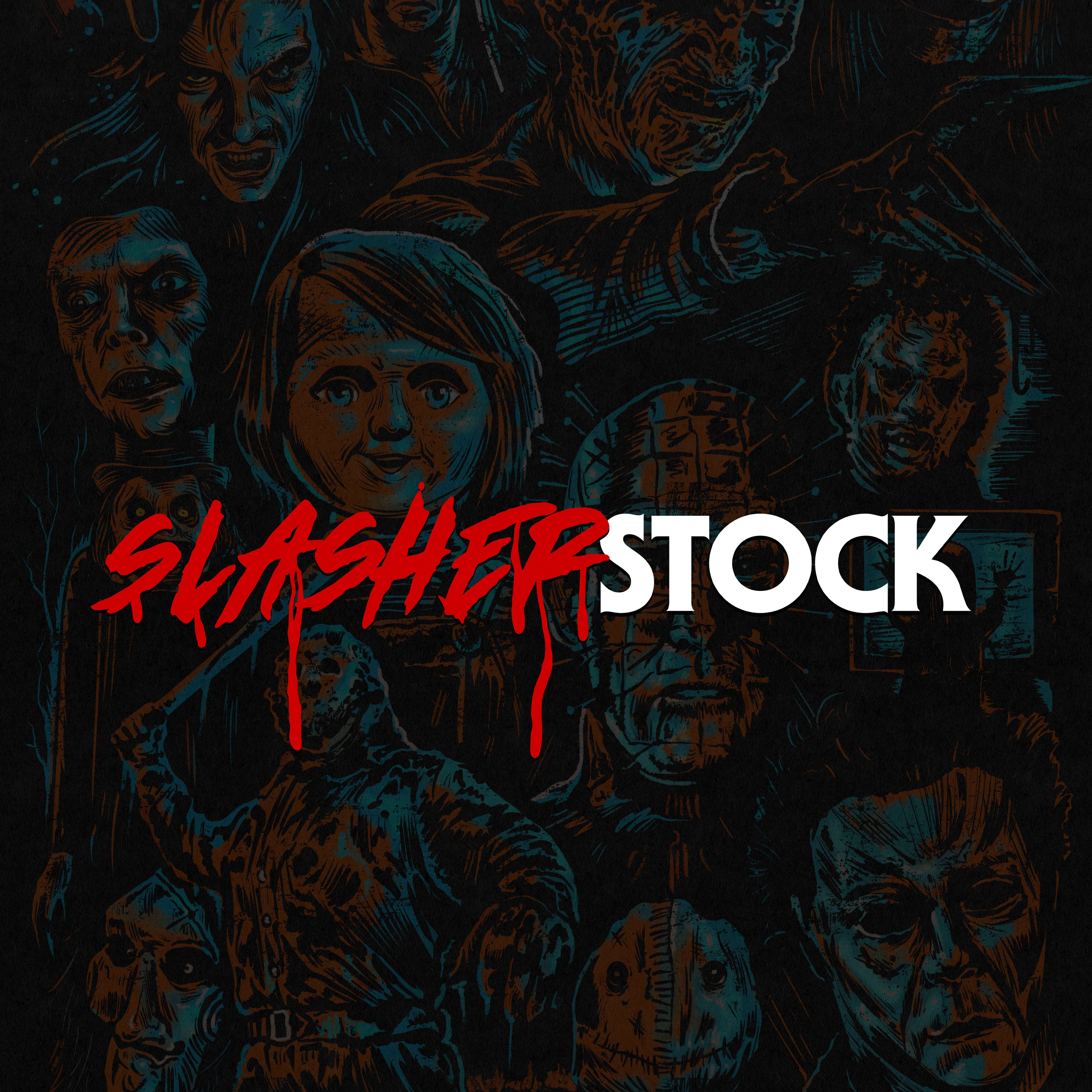 Dark background with horror-themed illustrations and 'SlasherStock' text.